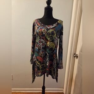 Women’s Multicolor Skull-Print Long Sleeve Swing Tunic